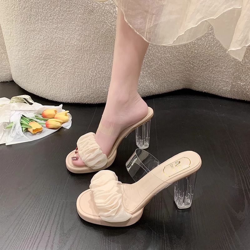 Transparent Chunky Heel Ruffle Slide Sandals