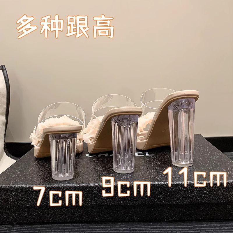 Transparent Chunky Heel Ruffle Slide Sandals
