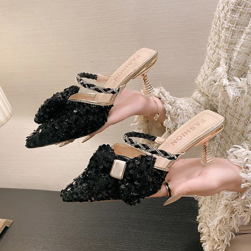 Rhinestone Decorated Pointed Toe Stiletto Heel Mules