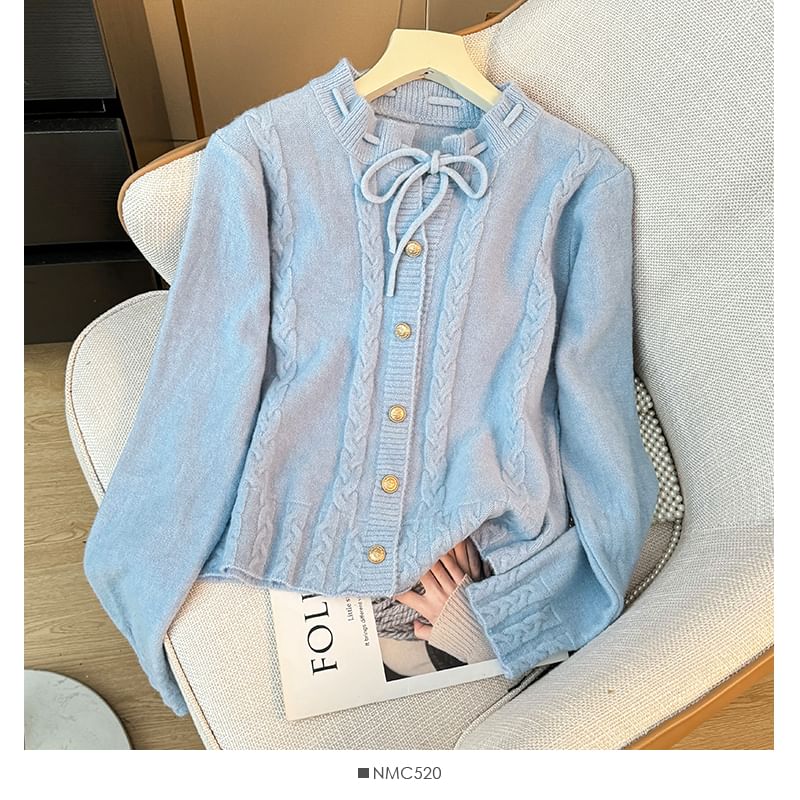 Tie Neckline Cable Knit Loose Cardigan