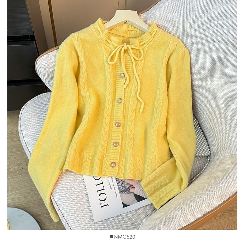 Tie Neckline Cable Knit Loose Cardigan