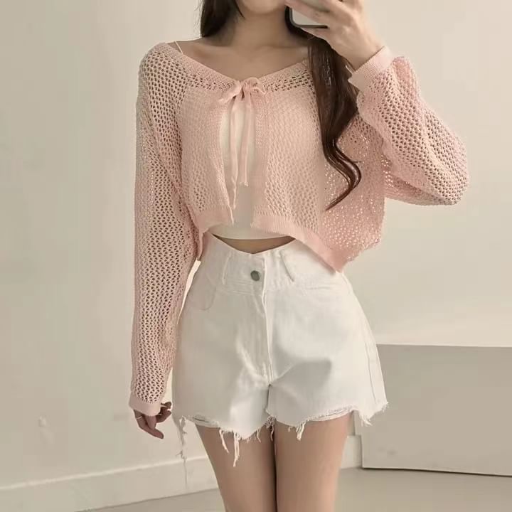 Long Sleeve Tie Front Eyelet Knit Cardigan