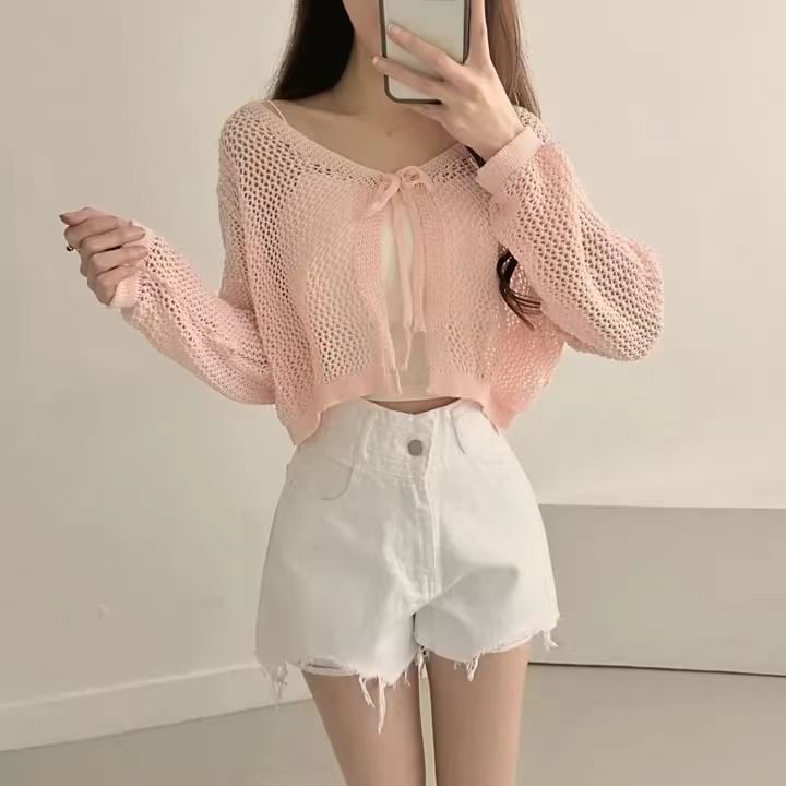 Long Sleeve Tie Front Eyelet Knit Cardigan