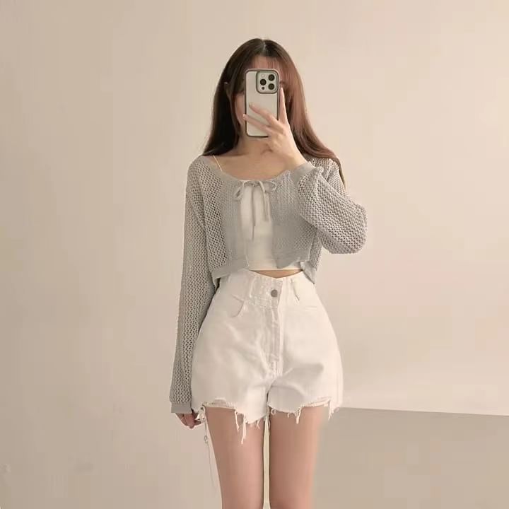 Long Sleeve Tie Front Eyelet Knit Cardigan
