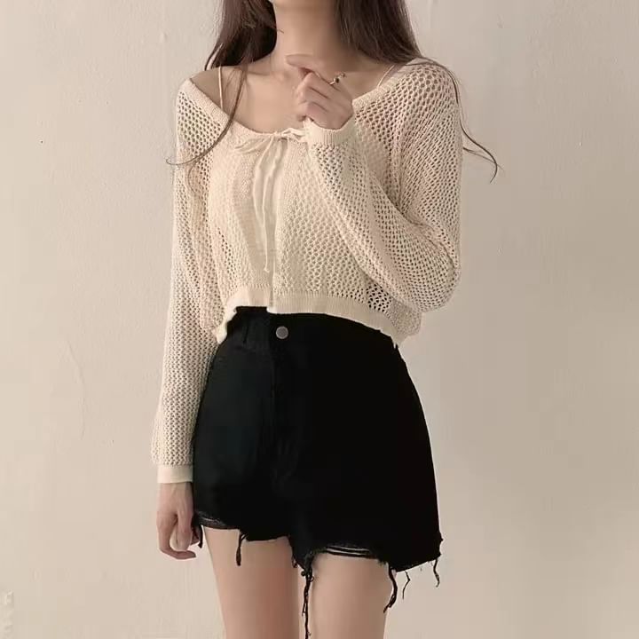 Long Sleeve Tie Front Eyelet Knit Cardigan
