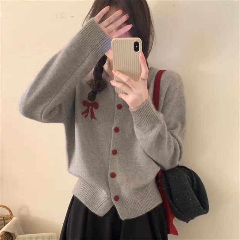 Bow Print Round Neck Cardigan