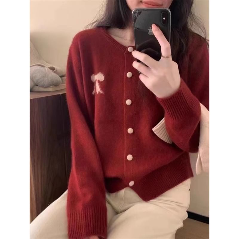 Bow Print Round Neck Cardigan