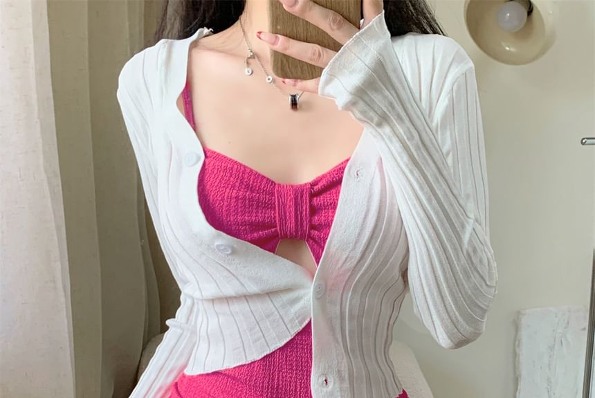 Cutout Ruffle Swimsuit & Ribbed Cardigan Set
