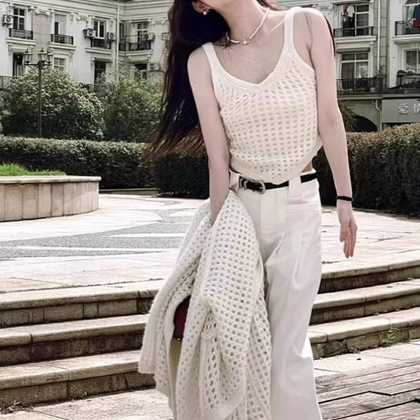 Pointelle Knit Tank Top & Midi Open Front Cardigan Set