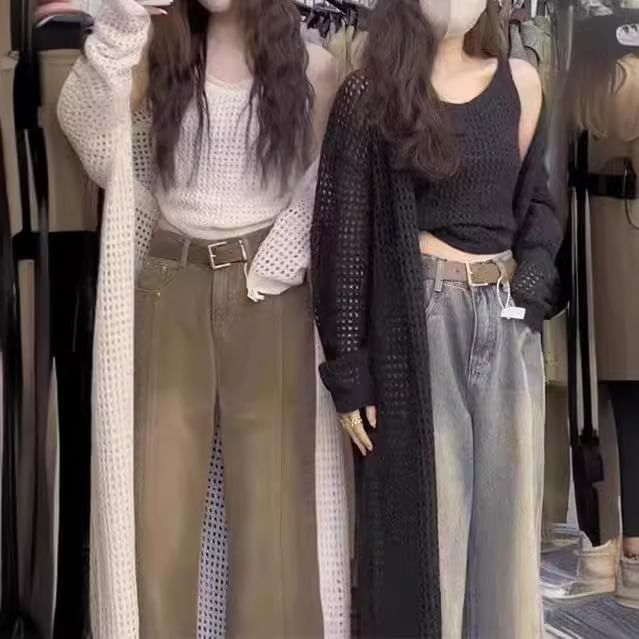Pointelle Knit Tank Top & Midi Open Front Cardigan Set