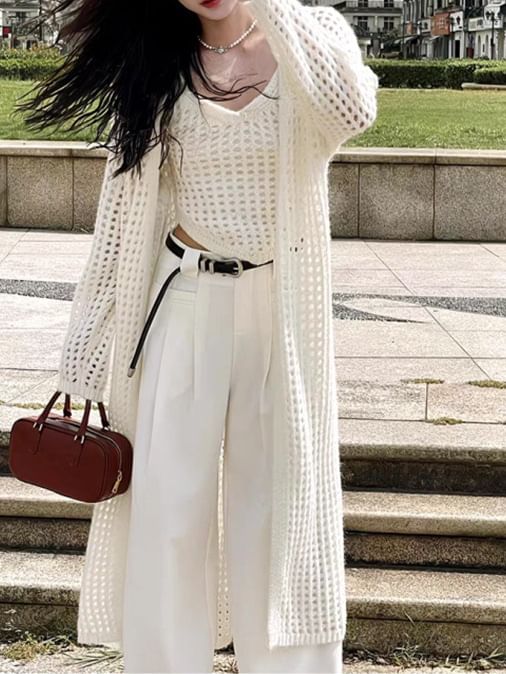 Pointelle Knit Tank Top & Midi Open Front Cardigan Set