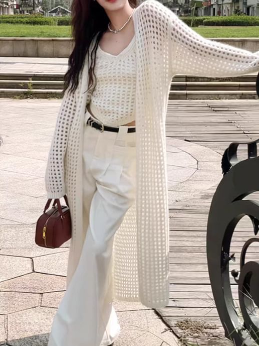 Pointelle Knit Tank Top & Midi Open Front Cardigan Set