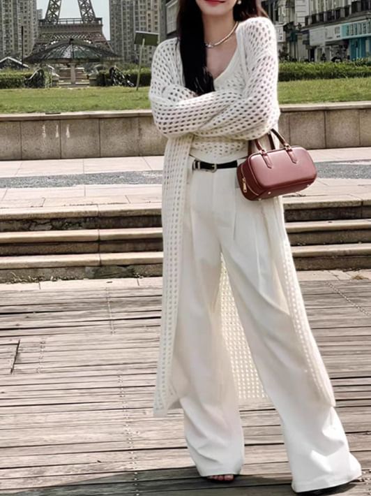 Pointelle Knit Tank Top & Midi Open Front Cardigan Set