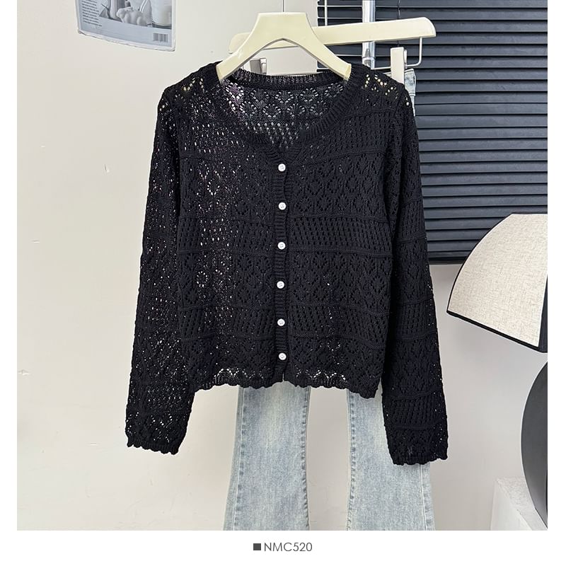 Eyelet V-Neck Lightweight Knit Cardigan