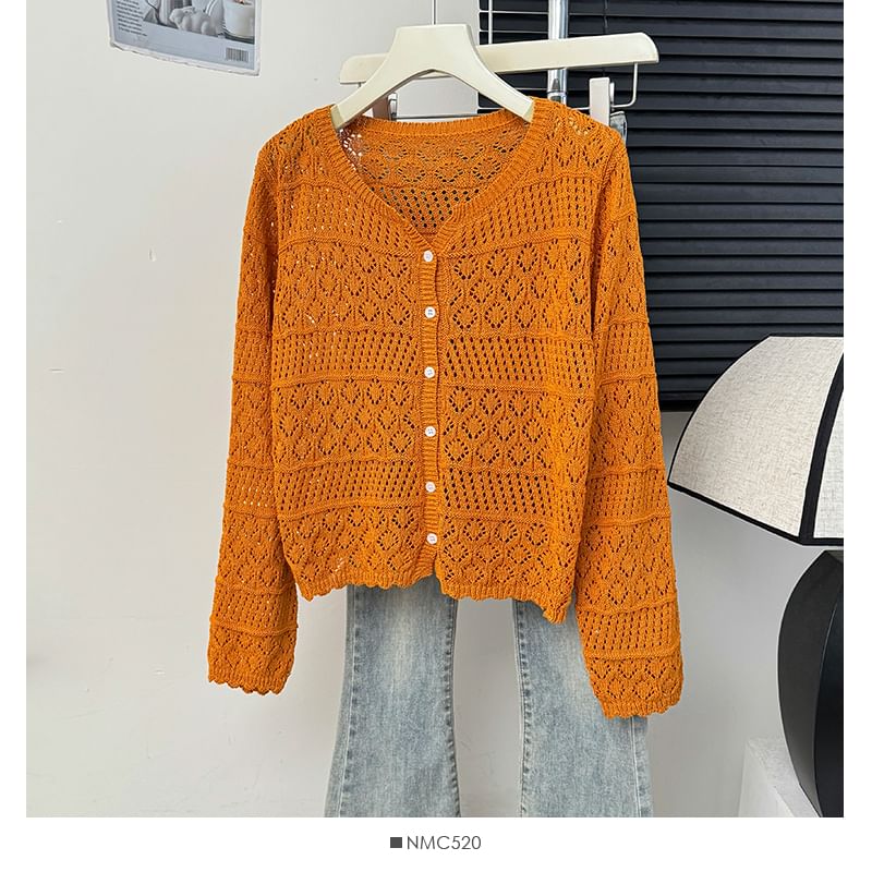Eyelet V-Neck Lightweight Knit Cardigan