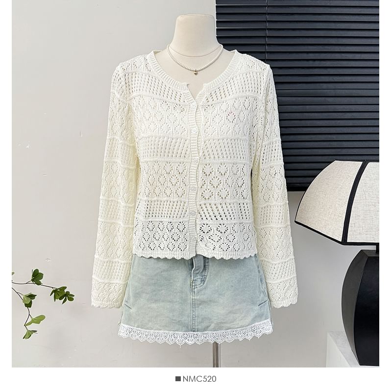 Eyelet V-Neck Lightweight Knit Cardigan