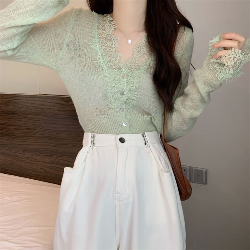 Sheer Lace Trim V-Neck Long Sleeve Cardigan
