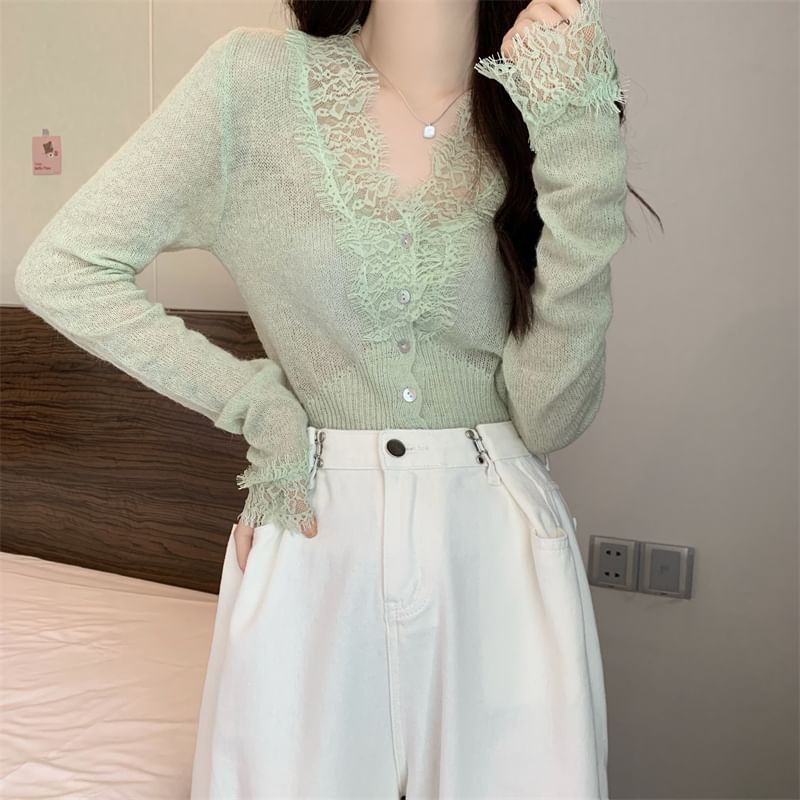 Sheer Lace Trim V-Neck Long Sleeve Cardigan
