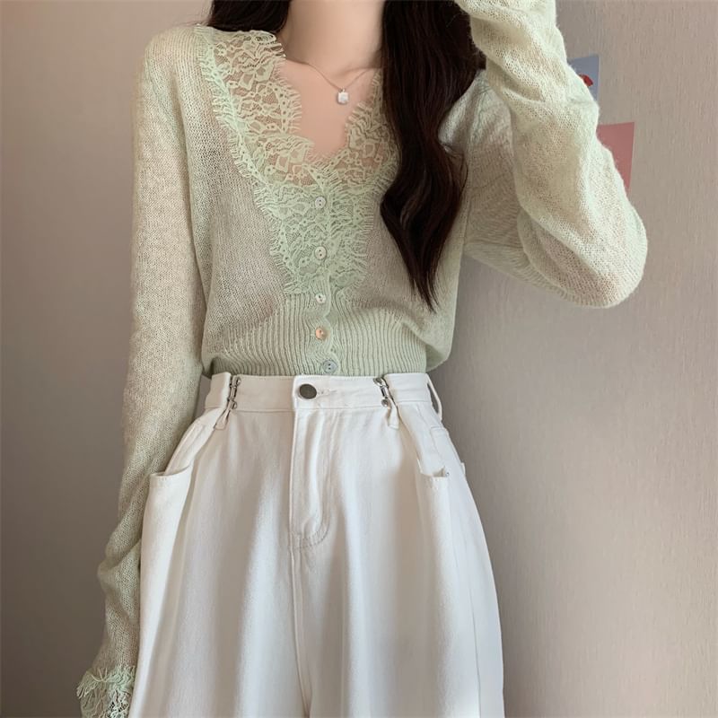 Sheer Lace Trim V-Neck Long Sleeve Cardigan