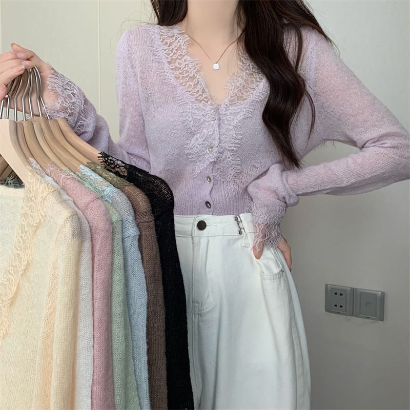 Sheer Lace Trim V-Neck Long Sleeve Cardigan