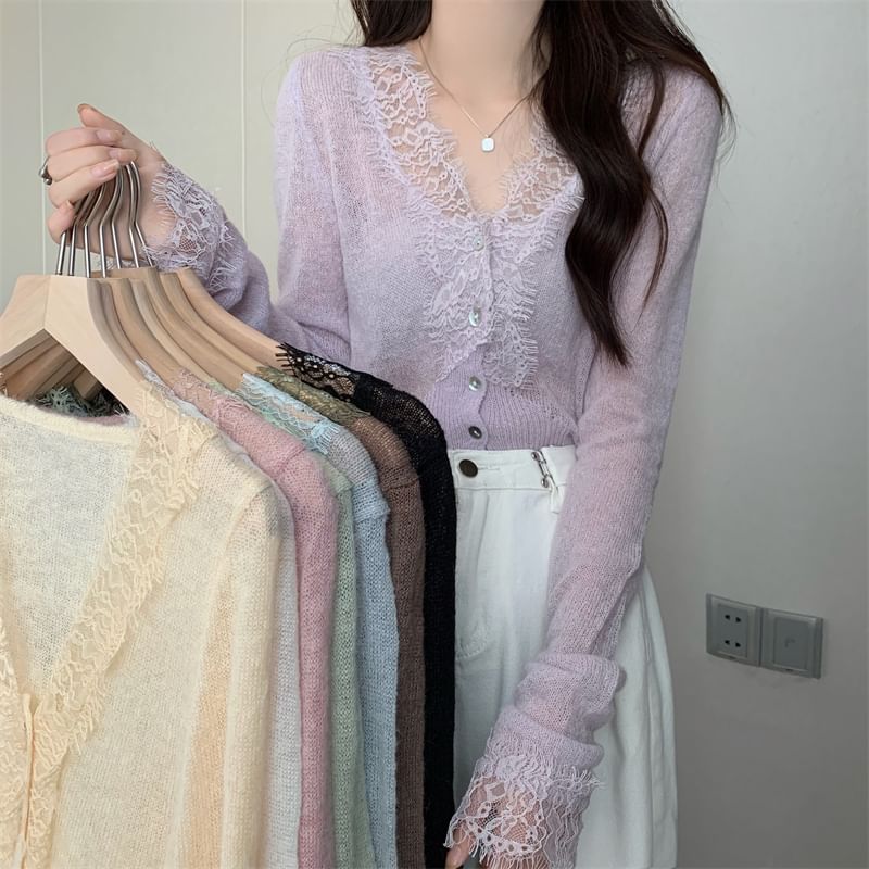 Sheer Lace Trim V-Neck Long Sleeve Cardigan