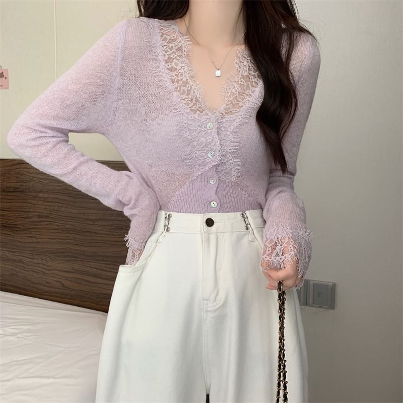 Sheer Lace Trim V-Neck Long Sleeve Cardigan