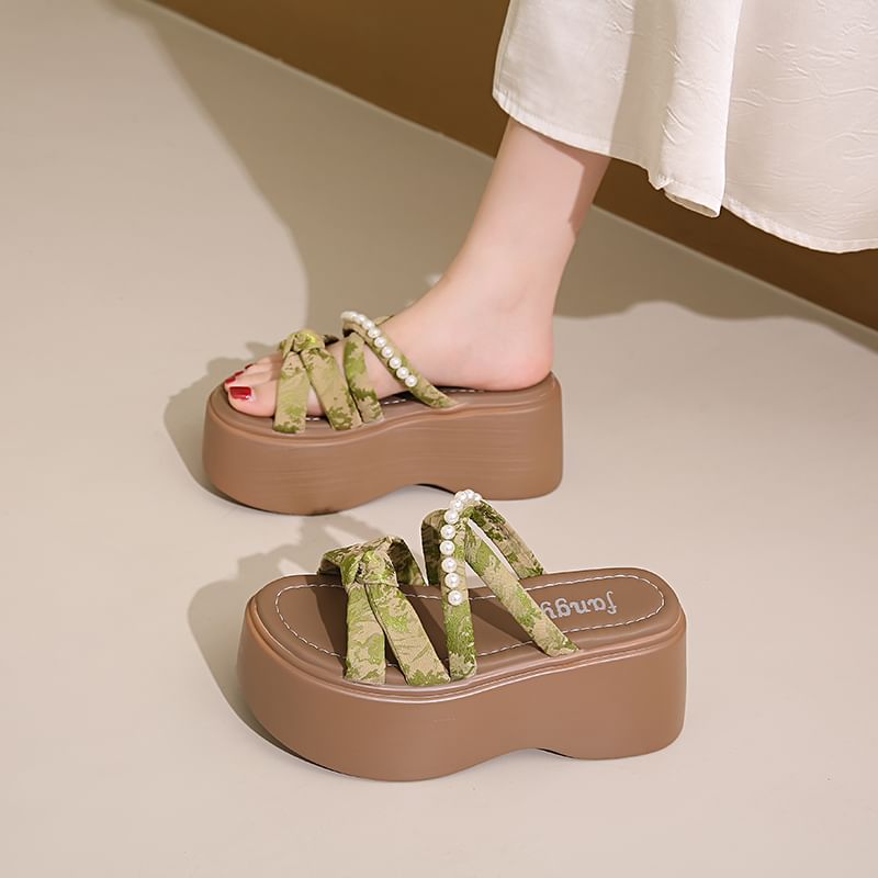 Faux Pearl Platform Slide Sandals