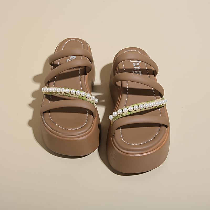 Faux Pearl Platform Slide Sandals