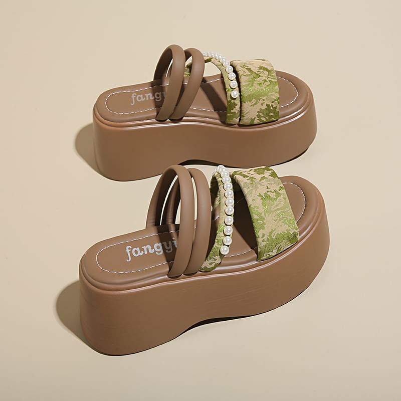 Faux Pearl Platform Slide Sandals