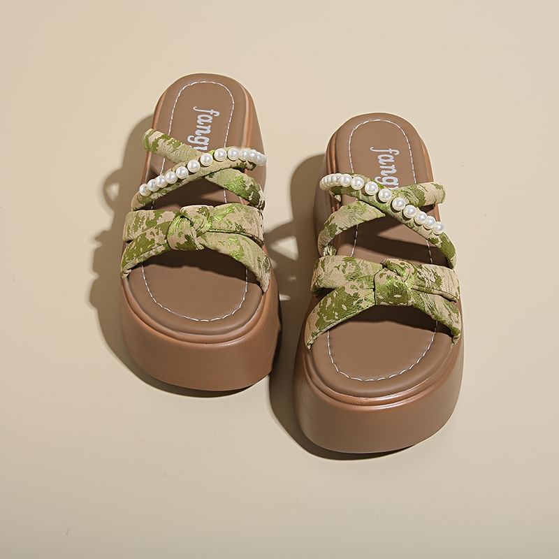 Faux Pearl Platform Slide Sandals