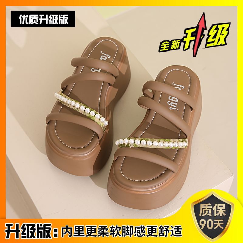 Faux Pearl Platform Slide Sandals