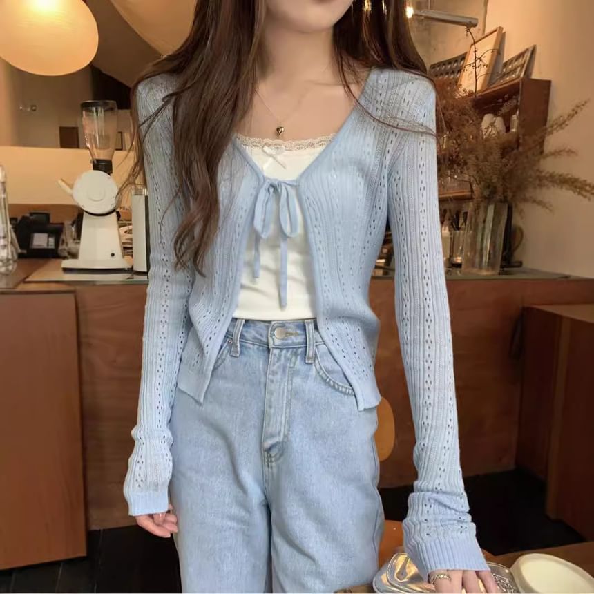 Perforated Tie Front V-Neck Crop Cardigan