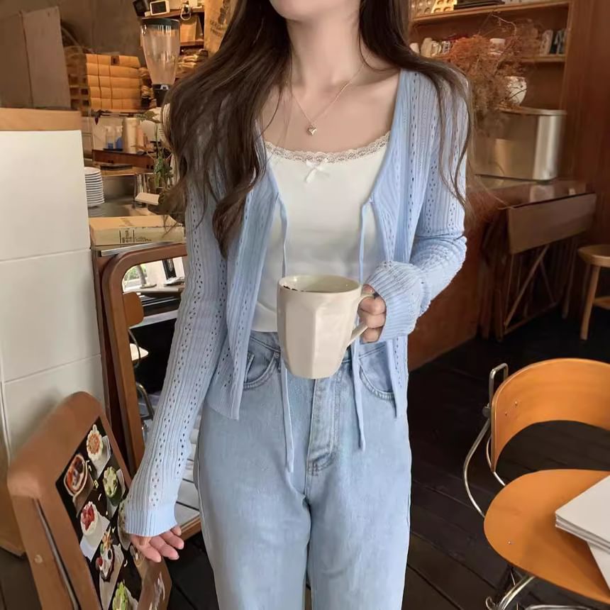 Perforated Tie Front V-Neck Crop Cardigan