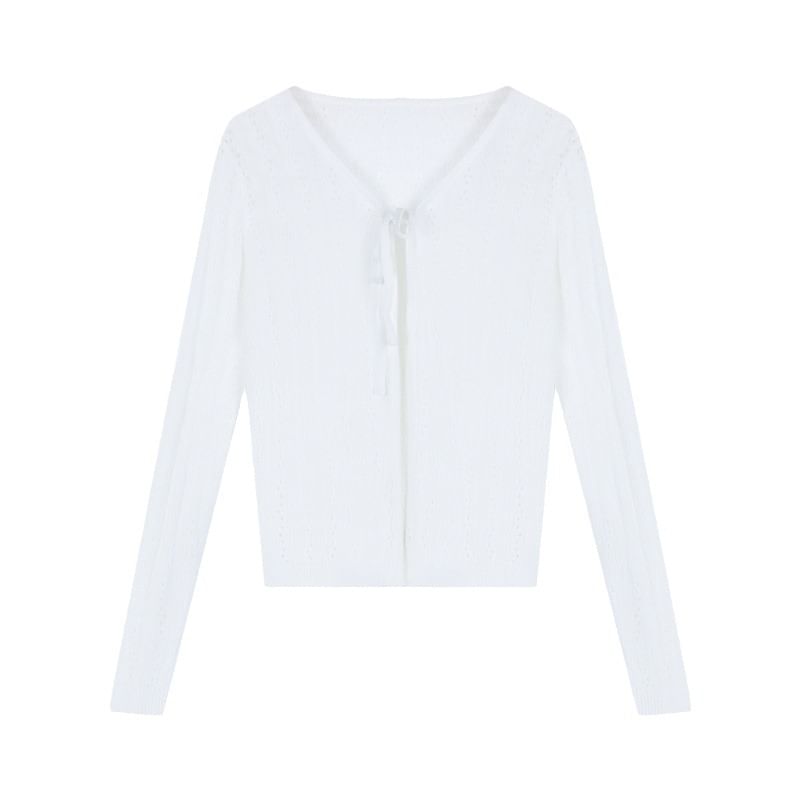 Perforated Tie Front V-Neck Crop Cardigan