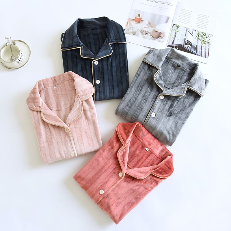 Couple Matching Pajama Set: Long-Sleeve Collared Contrast Trim Coral Fleece Shirt + Elastic Waist Straight Leg Pants (Various Designs)