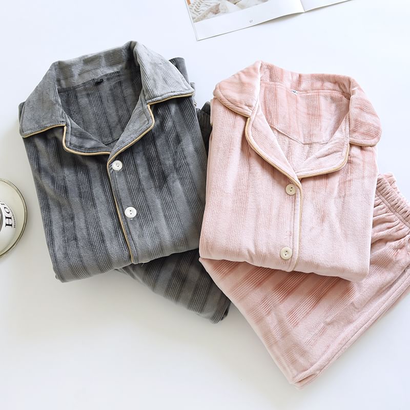 Couple Matching Pajama Set: Long-Sleeve Collared Contrast Trim Coral Fleece Shirt + Elastic Waist Straight Leg Pants (Various Designs)