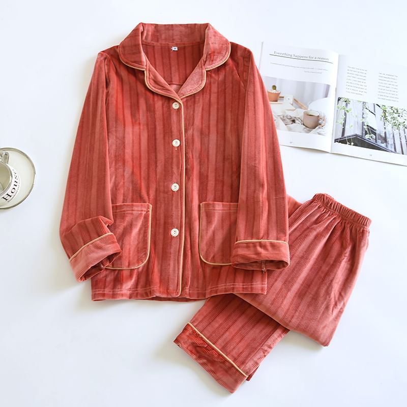 Couple Matching Pajama Set: Long-Sleeve Collared Contrast Trim Coral Fleece Shirt + Elastic Waist Straight Leg Pants (Various Designs)