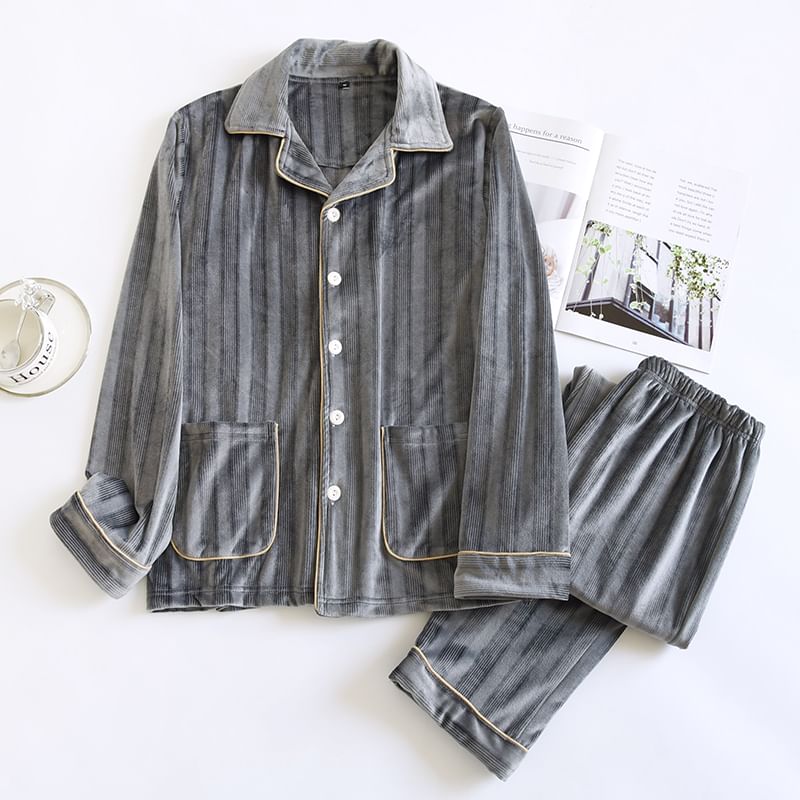 Couple Matching Pajama Set: Long-Sleeve Collared Contrast Trim Coral Fleece Shirt + Elastic Waist Straight Leg Pants (Various Designs)