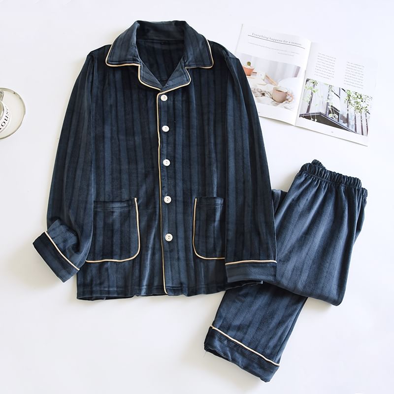 Couple Matching Pajama Set: Long-Sleeve Collared Contrast Trim Coral Fleece Shirt + Elastic Waist Straight Leg Pants (Various Designs)