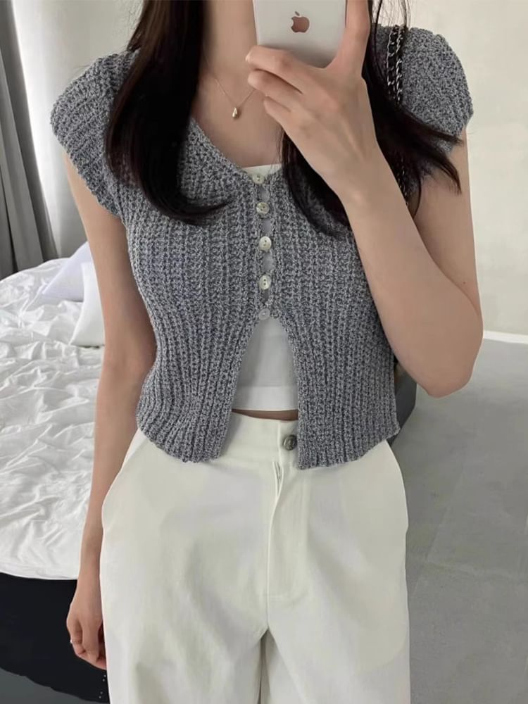 Short Sleeve V-Neck Button Up Cropped Knit