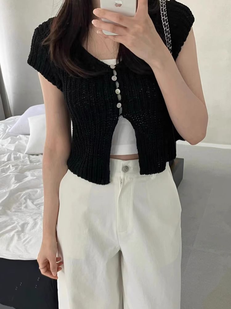Short Sleeve V-Neck Button Up Cropped Knit