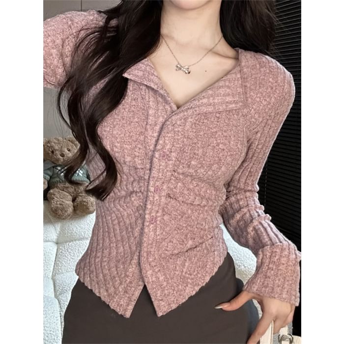 Ribbed Slim-Fit V-Neck Long Sleeve Cardigan