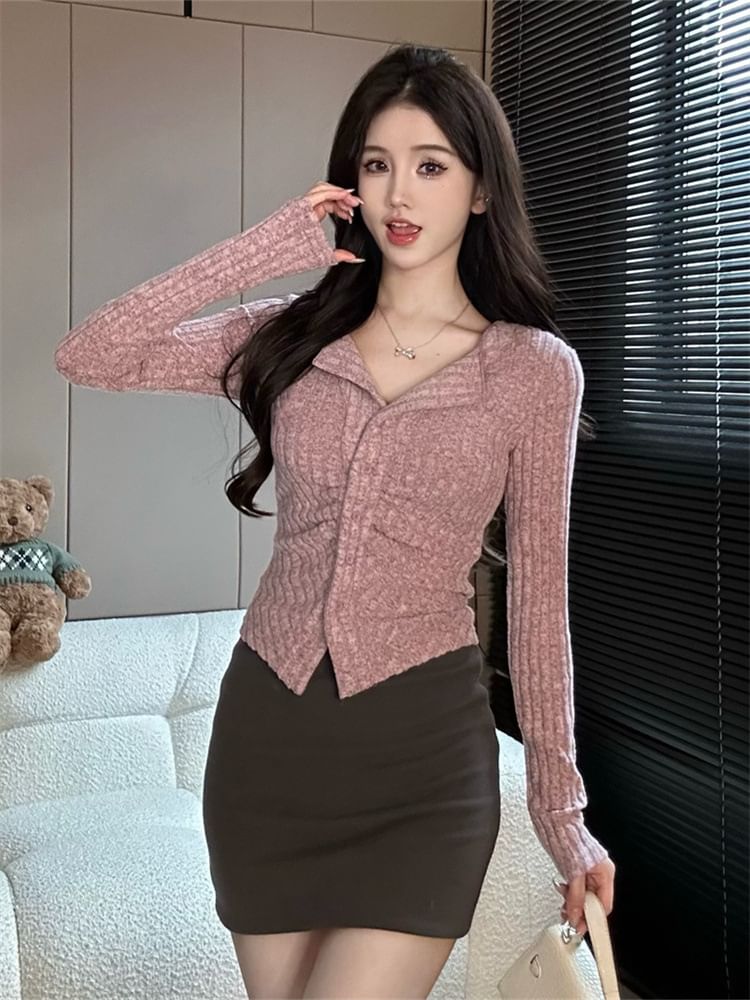 Ribbed Slim-Fit V-Neck Long Sleeve Cardigan