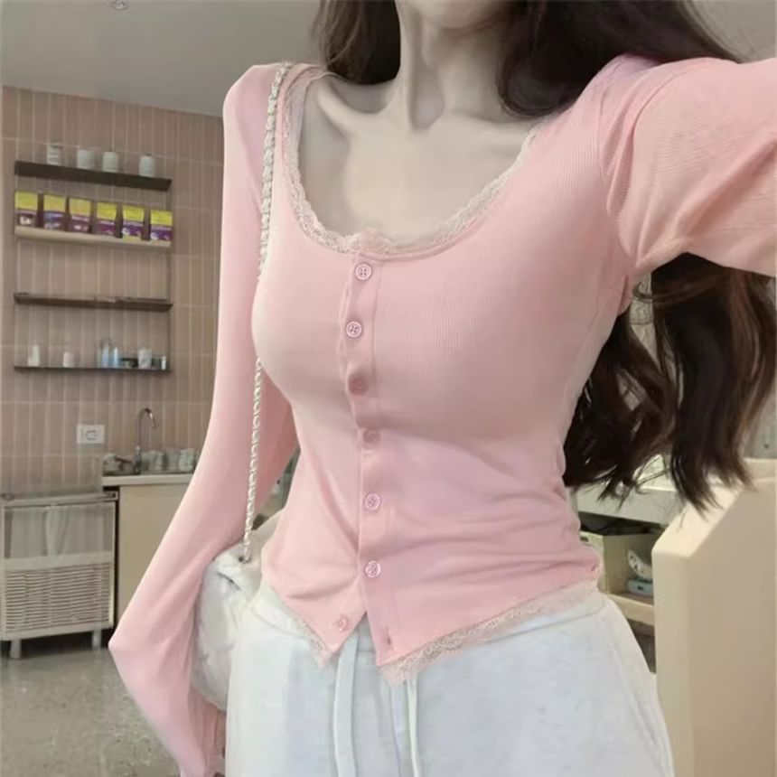 Lace Trim Slim-Fit Crop Long Sleeve Cardigan