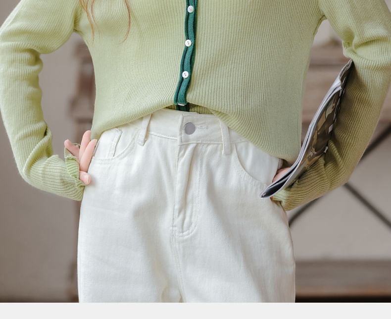 Notch Neck Contrast Trim Ribbed Button-Front Sweater