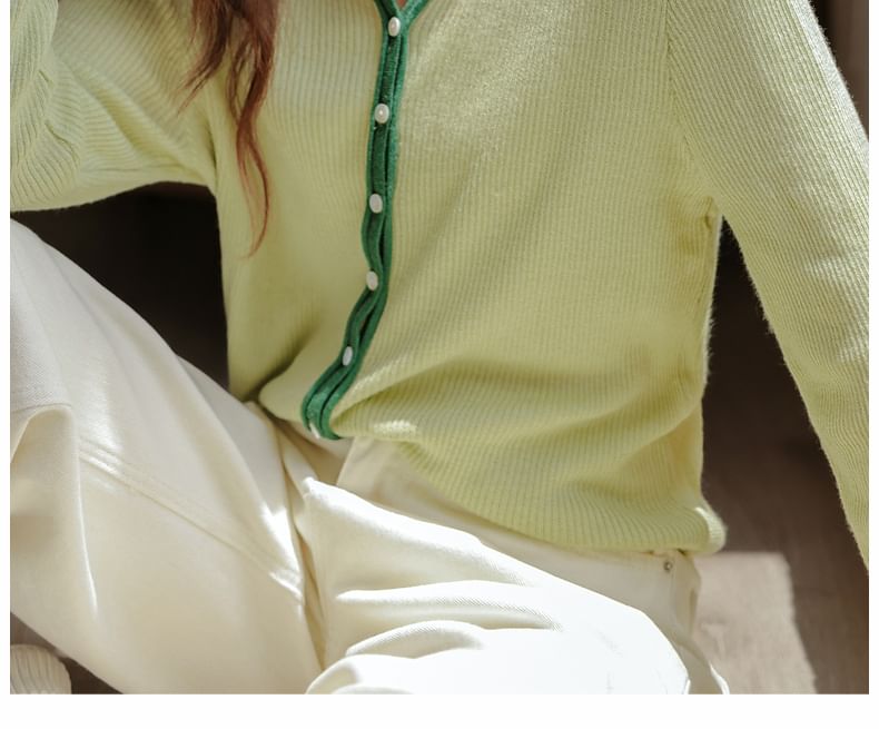 Notch Neck Contrast Trim Ribbed Button-Front Sweater