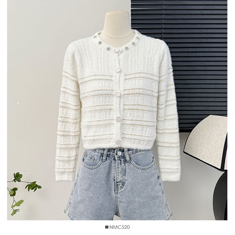 Striped Fluffy Crew-Neck Cropped Cardigan