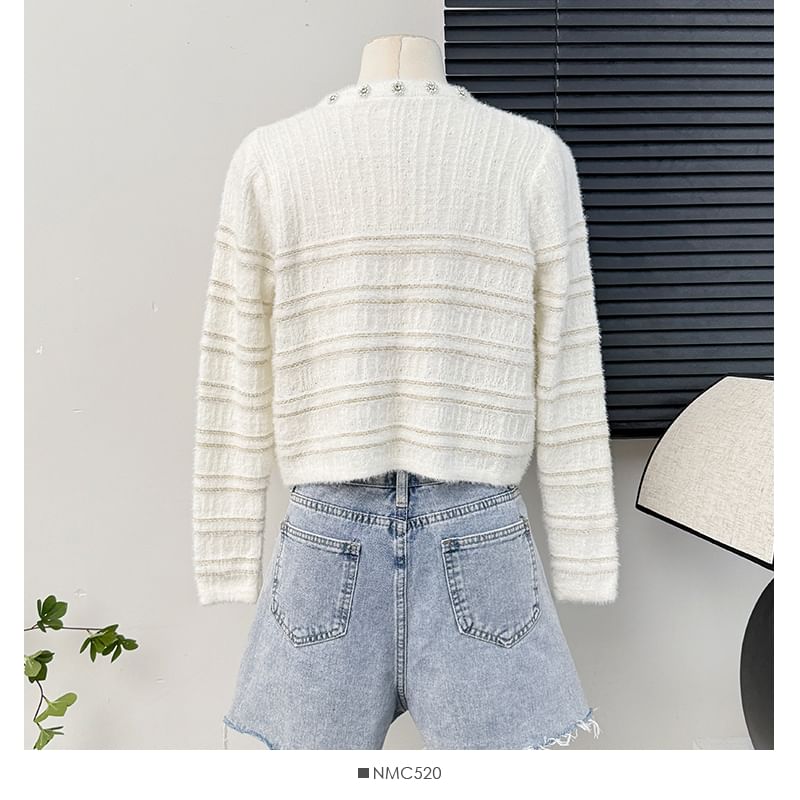 Striped Fluffy Crew-Neck Cropped Cardigan