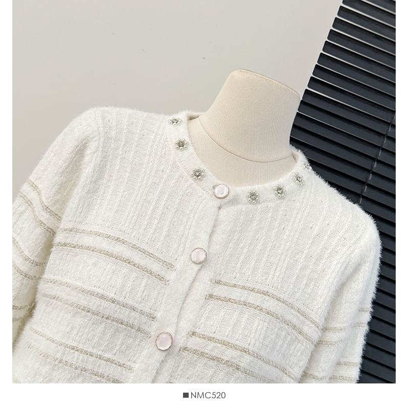 Striped Fluffy Crew-Neck Cropped Cardigan