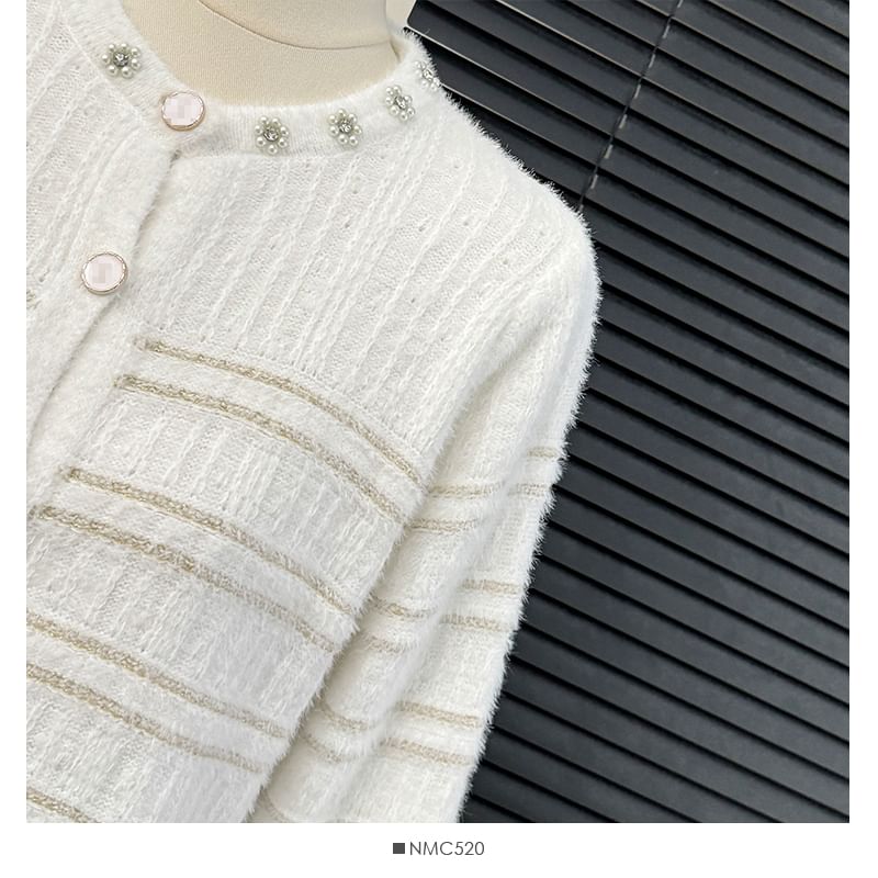 Striped Fluffy Crew-Neck Cropped Cardigan